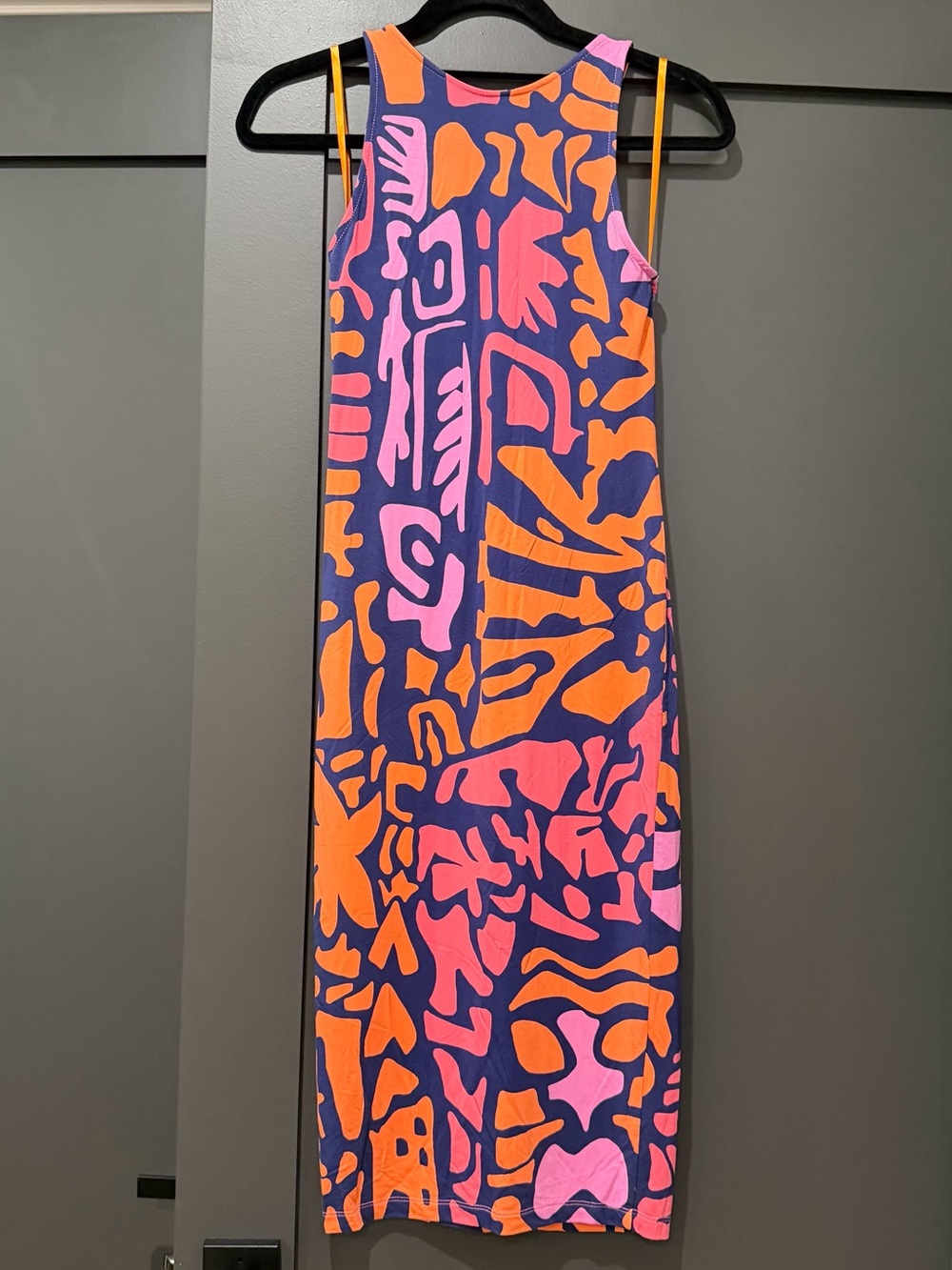 Tori Richard Bold Abstract Midi Dress in Pink & Orange on Navy